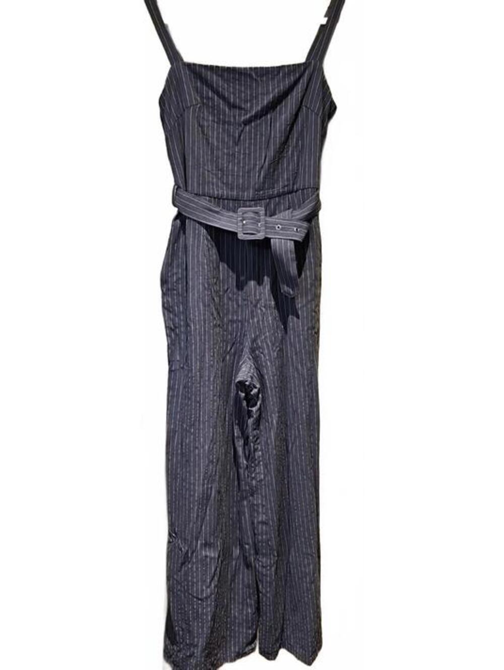 TwoSisters The Label Size 4 Gray Pinstripe Belted Jumpsuit Lined Wide Leg NWT